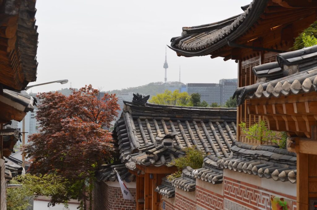 Traditional Korean tiled rooftops with N Seoul Tower visible in the distant background.