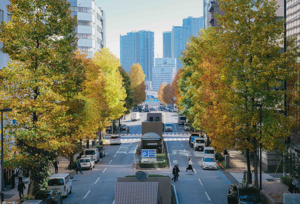 Tree-lined Tokyo avenue in autumn leading toward dense high-rise towers with pedestrians crossing