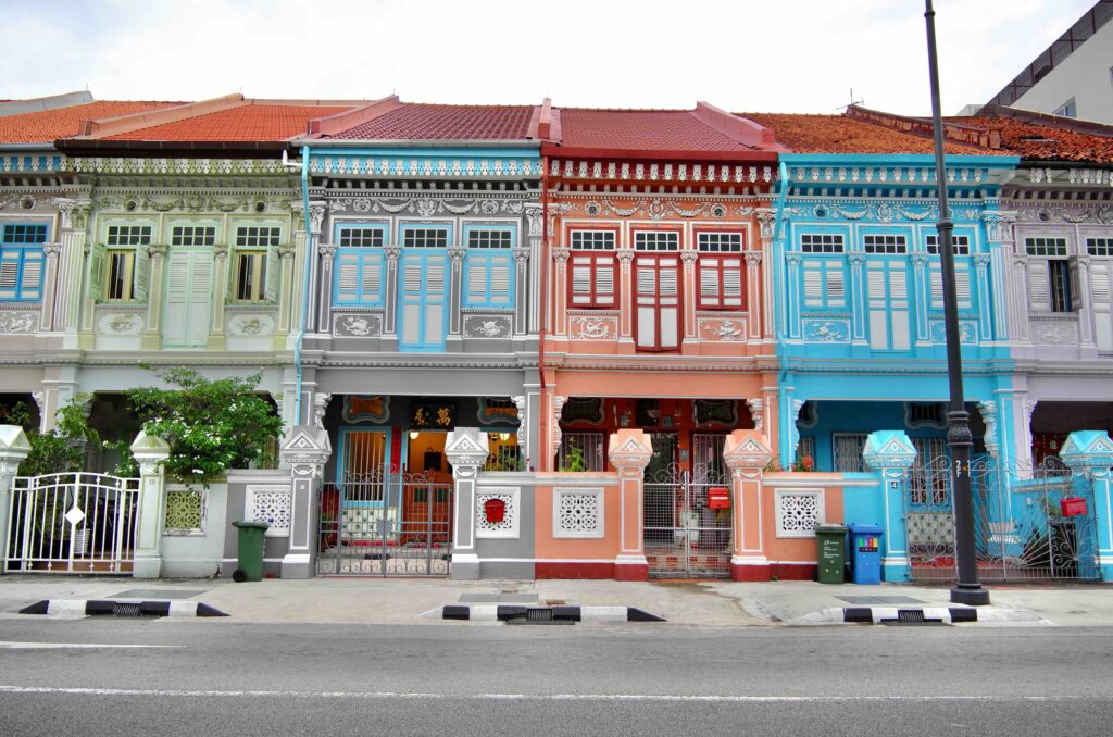 Colorful Peranakan shophouses with ornate facades on Koon Seng Road, Singapore