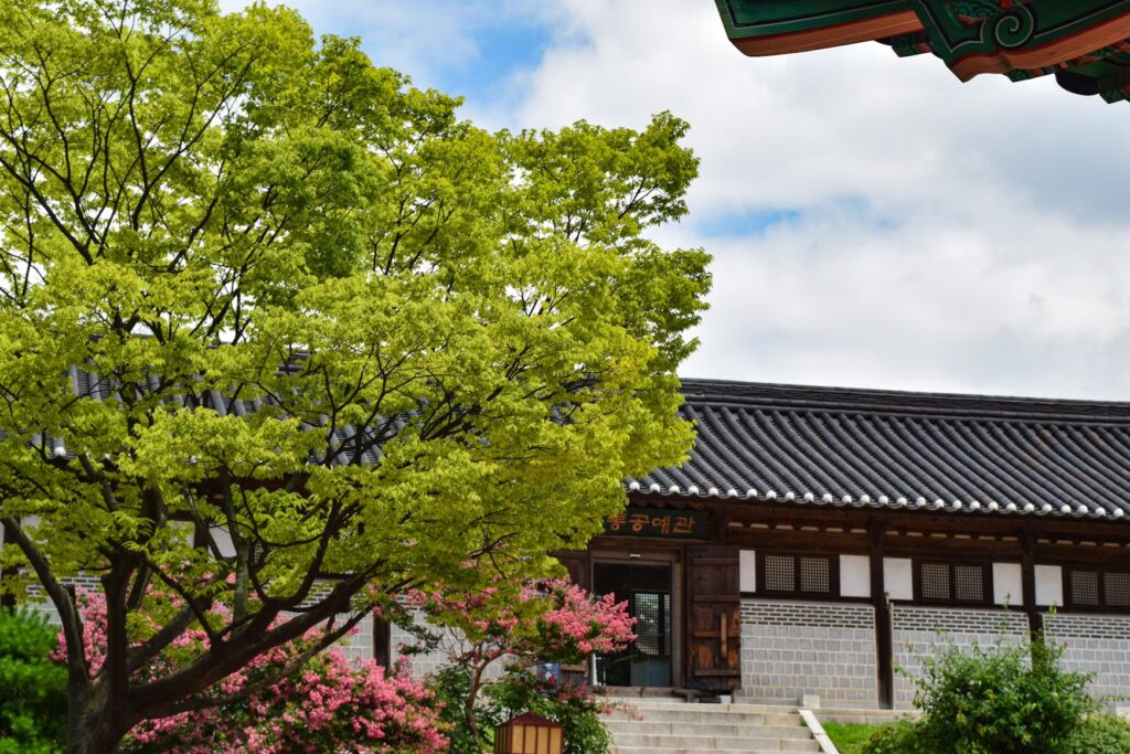 Traditional tiled-roof hanok framed by green trees and pink blossoms on a bright day in Seoul.