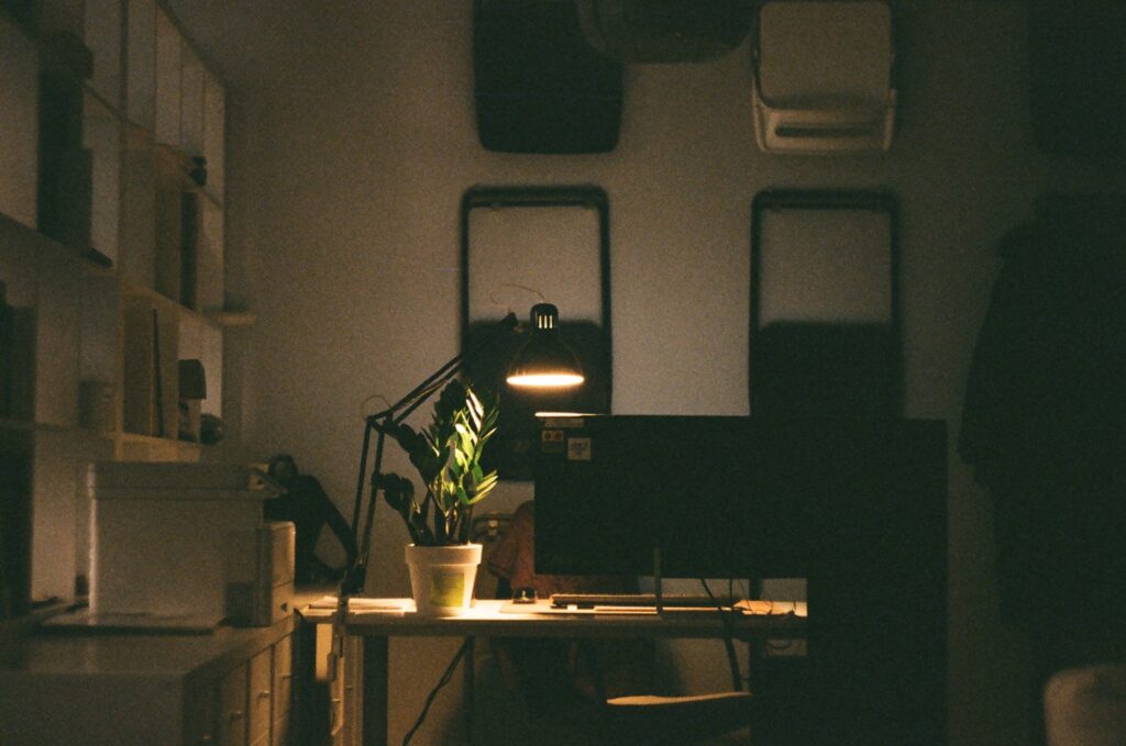 Dim workspace lit only by a desk lamp glowing over a plant and monitor late at night