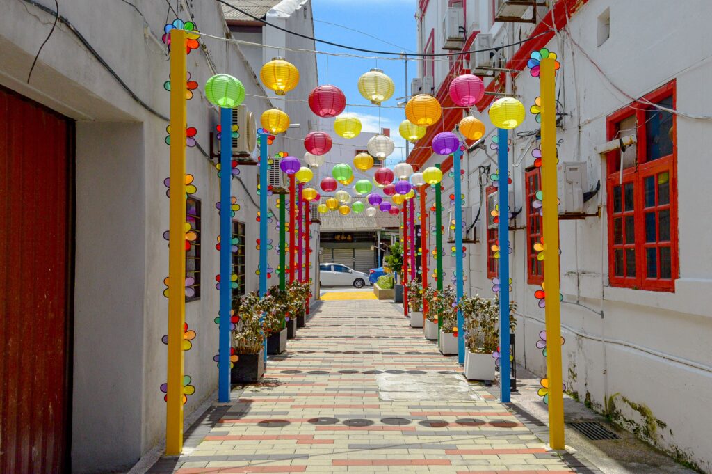 Colorful lantern alley in George Town, Penang, near walkable heritage hotels