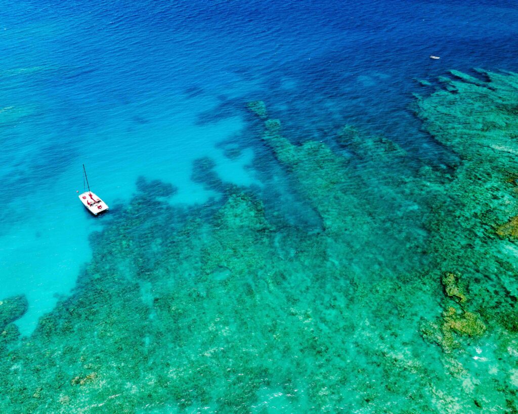 15 Best Places to Snorkel in Hawaii (2026): Top Spots in Oahu & Maui An aerial view of a white catamaran anchored near a vibrant coral reef in clear, bright blue tropical water.