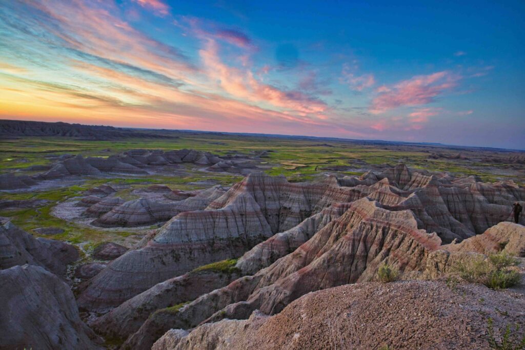 Eroded rock formations in Badlands, South Dakota for best family vacations on a budget