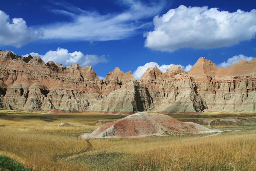 Colorful rock spires and prairie grass. A beautiful, easy landscape in national parks for toddlers