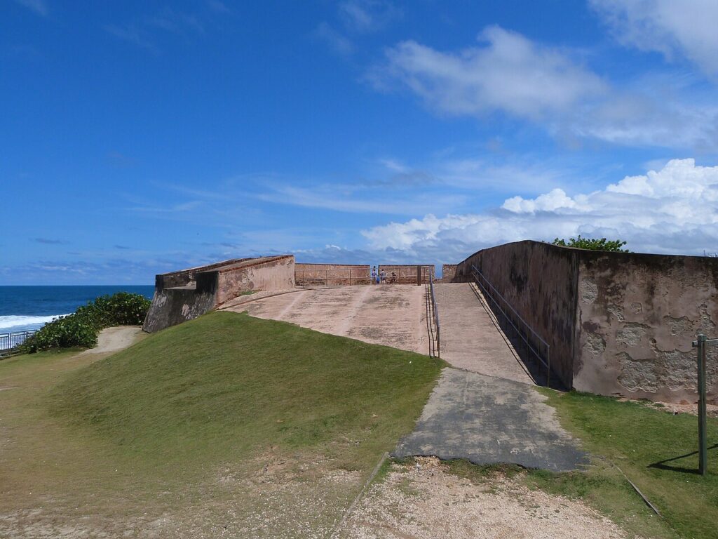 Stone ramp leading to an upper battery at the Escambrón fortification. 