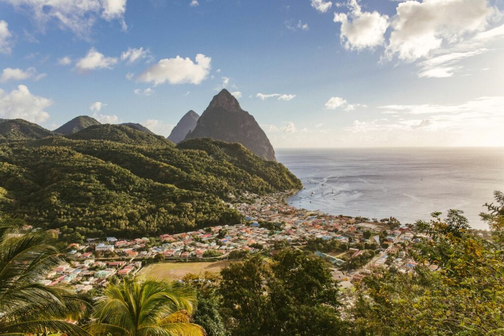 Aerial view of Soufriere and the Pitons in St. Lucia, one of the best islands in the caribbean 