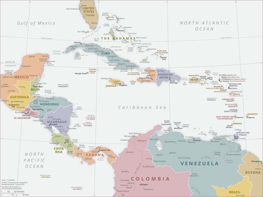 Detailed political map showing Central America and the Caribbean countries 