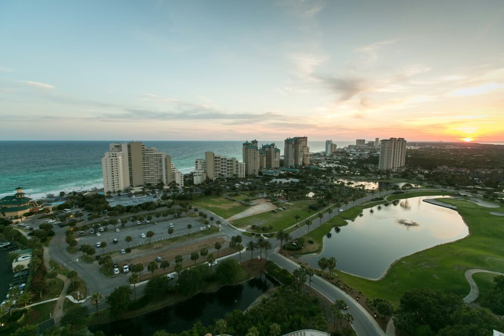 Aerial view of Destin resorts and coastal parks, a top choice for the best family vacations in the us