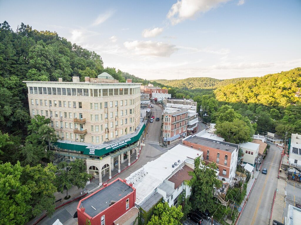 Winding streets and the historic Basin Park Hotel, a unique mountain town for fun vacations for kids