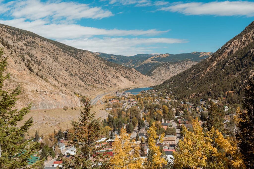 Looking down at the historic town of Georgetown surrounded by autumn trees 