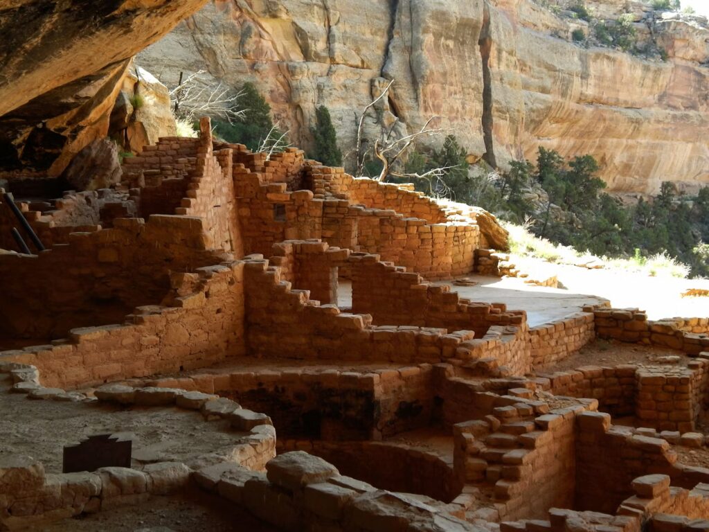 Close-up view of the stone brick walls of the Ancestral Puebloan cliff dwellings. 