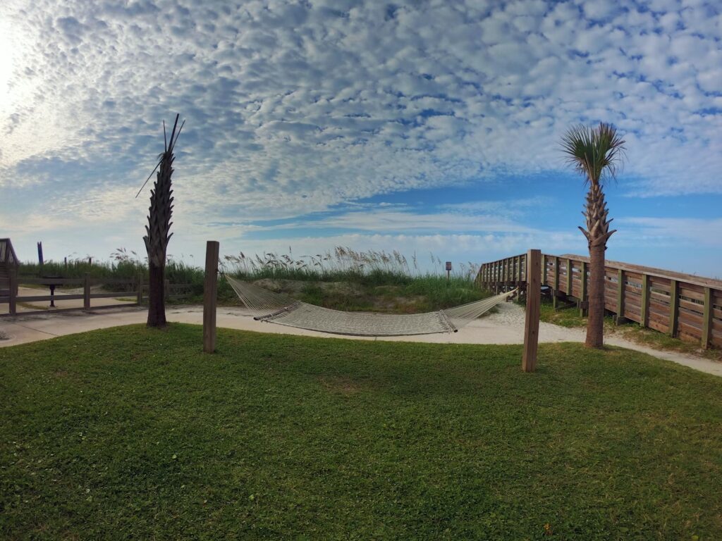 Beach access path with dunes at Myrtle Beach, safe family-friendly US beach