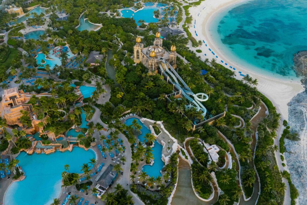 Aerial view of thrilling water park slides and pools in Nassau, featuring the best caribbean resorts for families