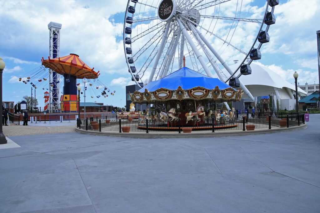 Navy Pier's classic carousel and Ferris wheel in Chicago, offering classic kid-friendly activities