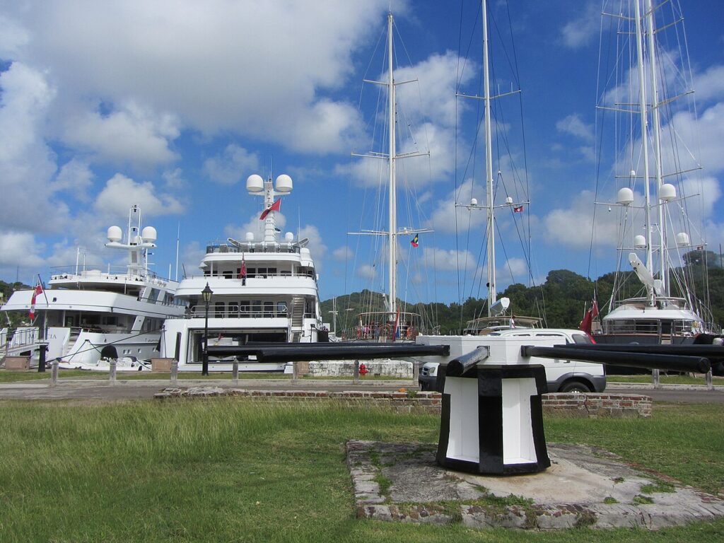 Yachts docked at Nelson's Dockyard in Antigua, a historic site on the best caribbean islands to visit 