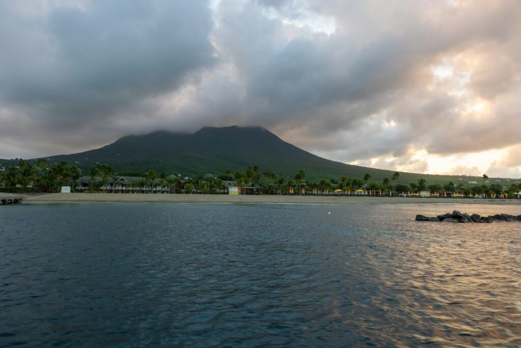 Sunset view of Nevis Peak, showcasing why Nevis is one of the safest caribbean islands to visit 