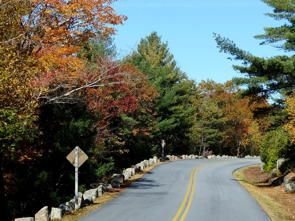 Driving along the scenic Park Loop Road in autumn, a relaxing choice for best family vacation spots