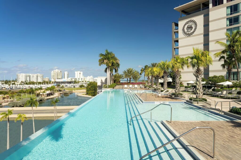 Long infinity pool overlooking the San Juan Bay and marina at Sheraton Puerto Rico 