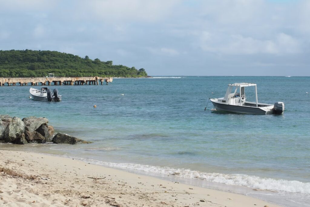 A small motorboat floating near the quiet, sandy shore of a beach in Vieques. 