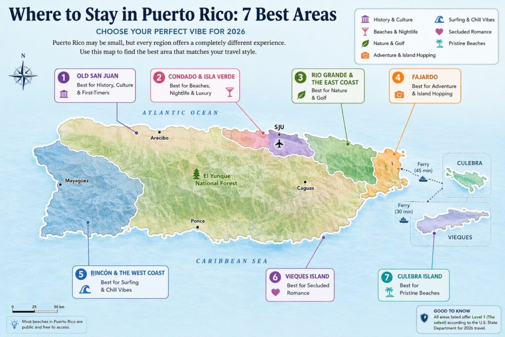 Map showing where to stay in puerto rico across 7 distinct travel zones. 