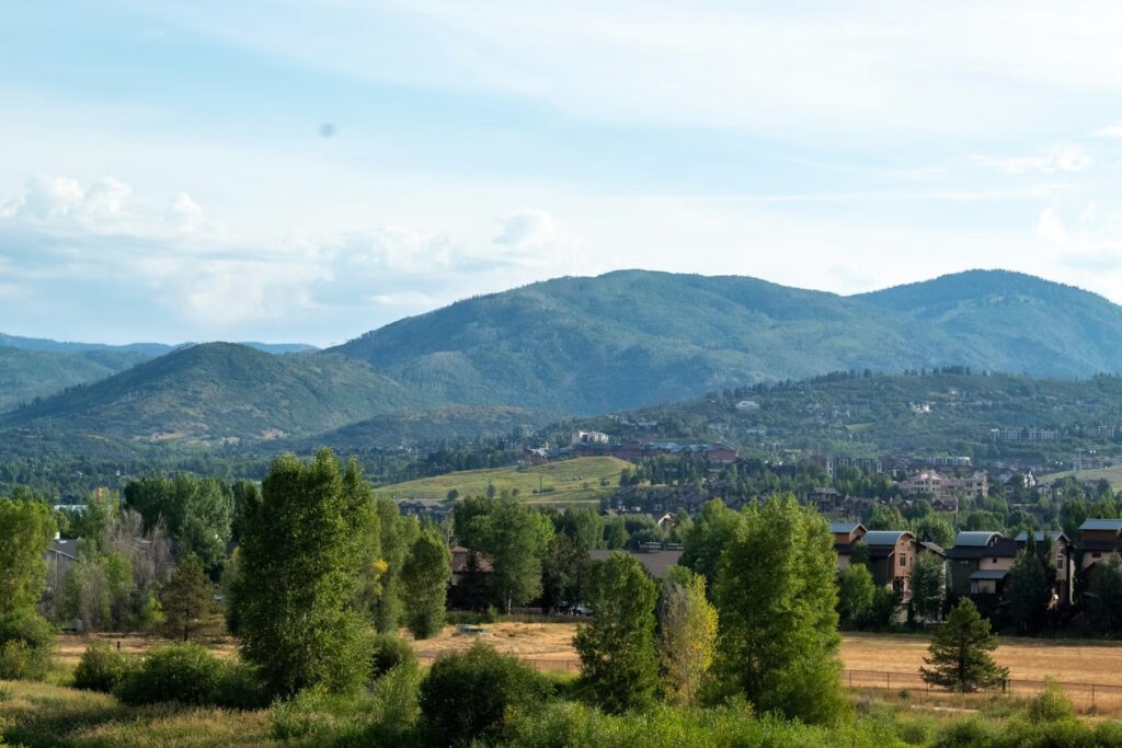 A lush green valley with a small town and rolling mountains in the distance. 