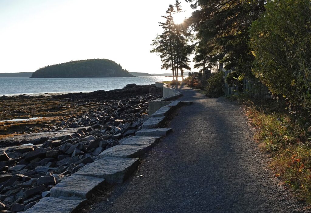 A quiet, tree-lined gravel walking path running along the rocky shoreline near the water.