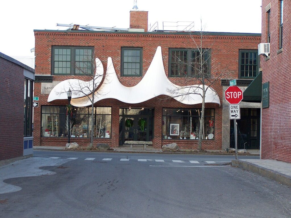 The distinctive wavy white awning over the entrance of the Farnsworth Art Museum in Rockland. 