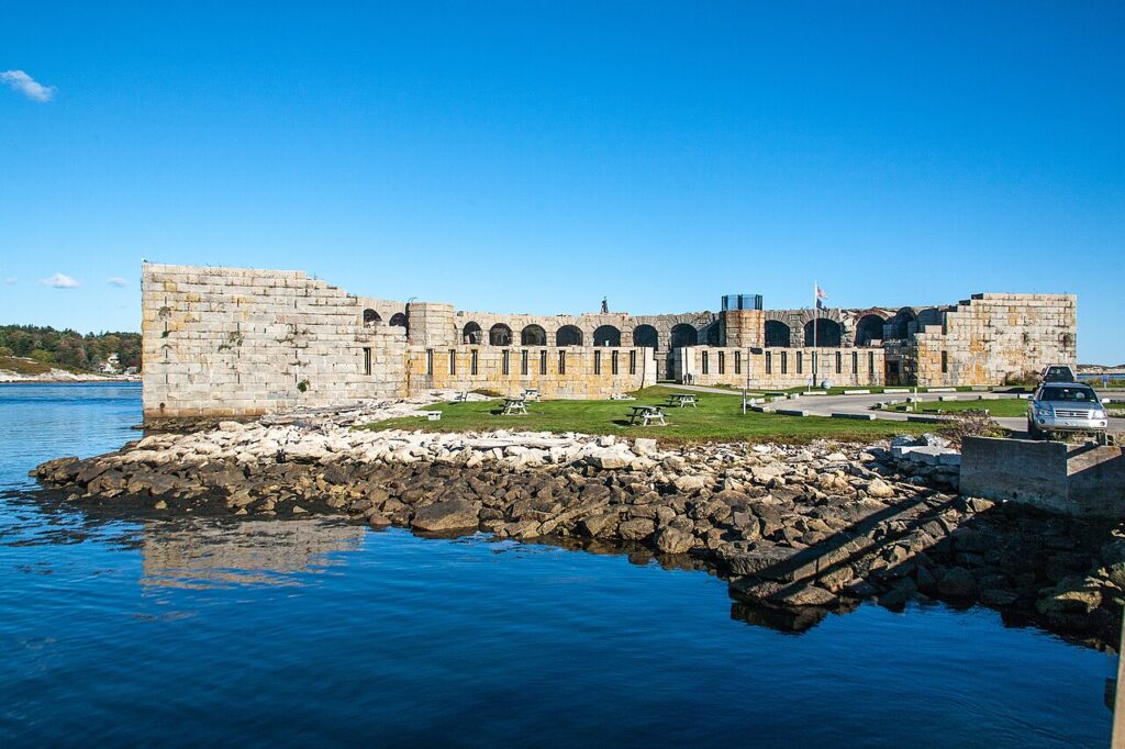 The historic granite walls of Fort Popham sitting by the water in Phippsburg. 
