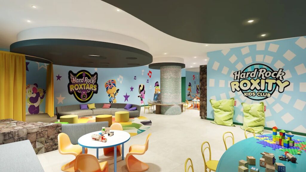 Colorful children's playroom at the Roxity Kids Club in Hard Rock Hotel Los Cabos. 