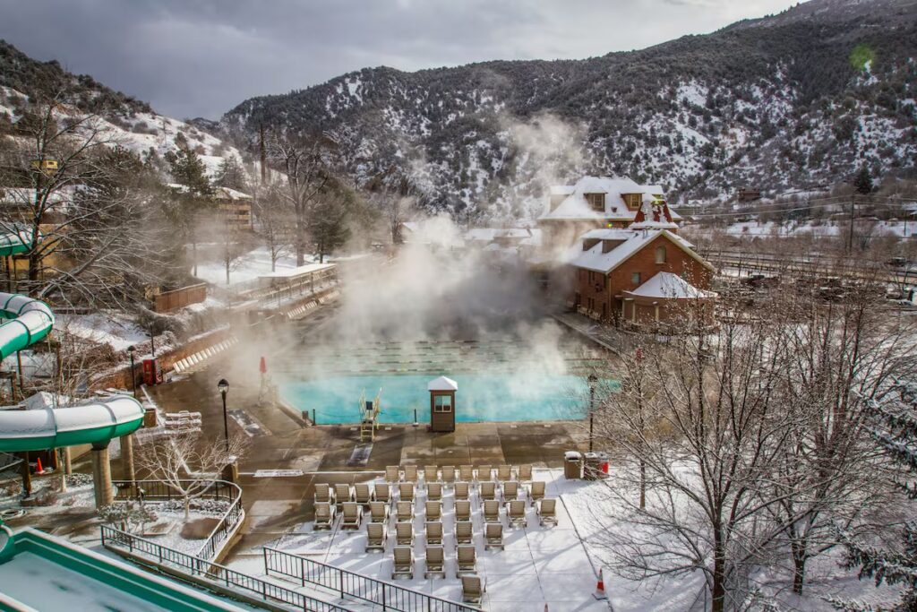 Steaming geothermal pool near Hotel Colorado in Glenwood Springs during winter. 