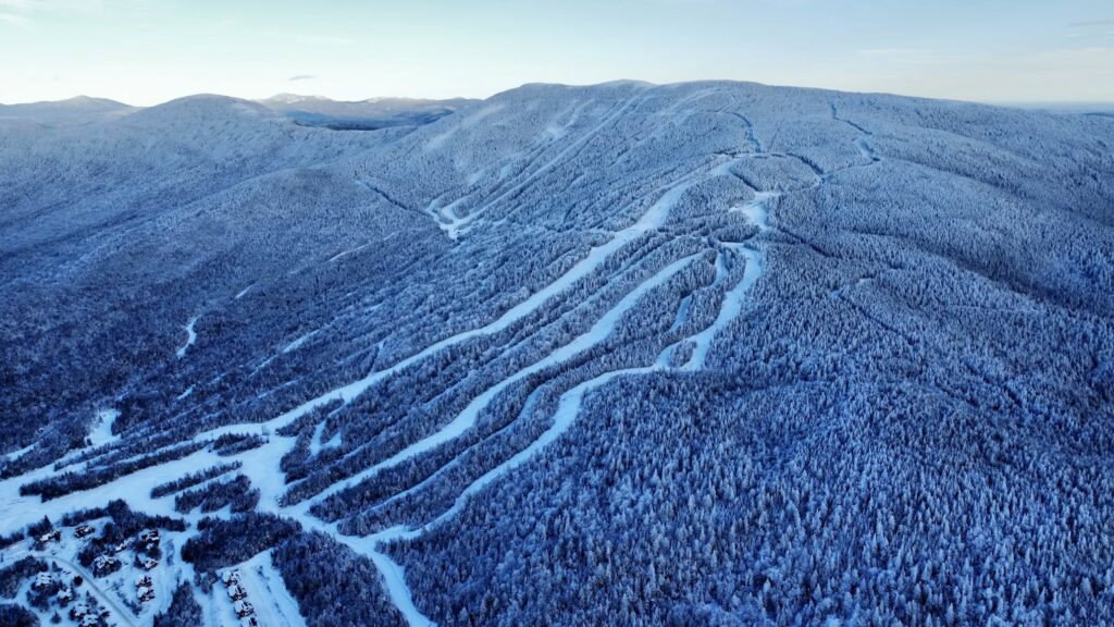 Aerial view of winter ski trails carved through a vast, snow-covered mountain forest.