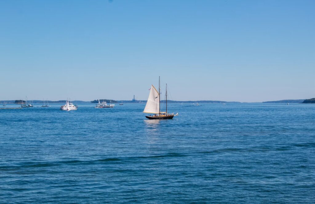 A classic sailing vessel gliding across the calm blue waters of Casco Bay on a sunny day. 