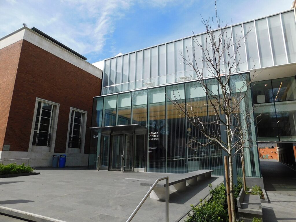 The modern glass facade and entrance to the Mark Rothko Pavilion at the Portland Museum of Art. 