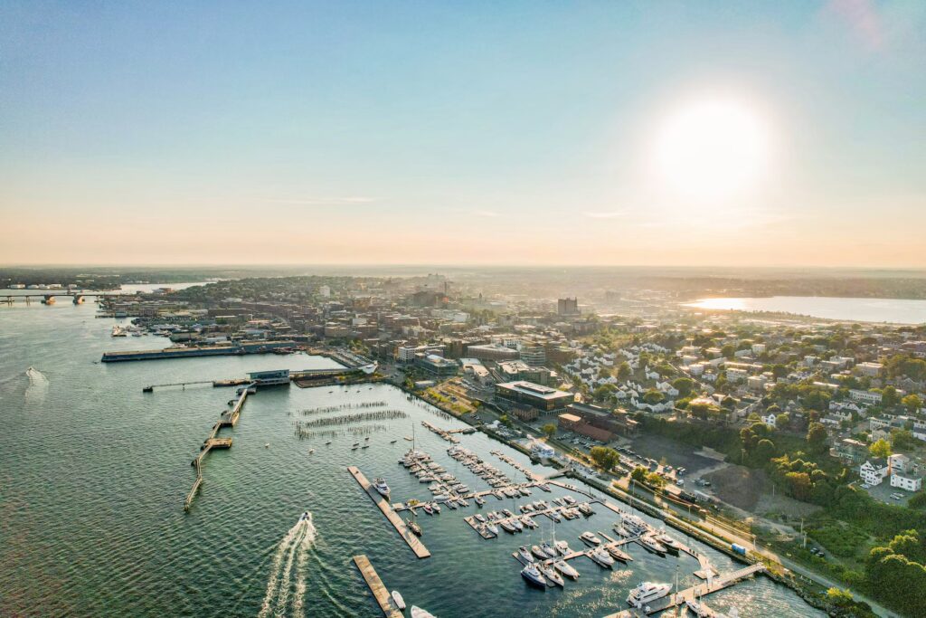 Aerial view of the bustling harbor and downtown waterfront in Portland. 