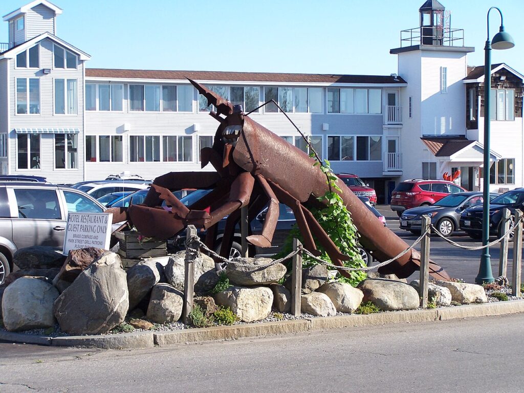 A giant metal lobster sculpture displayed outside the Trade Winds in Rockland. 