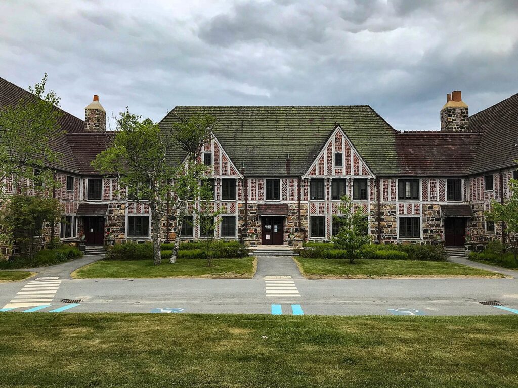 The historic stone and brick building of the Schoodic Education and Research Center on the Schoodic Peninsula. 