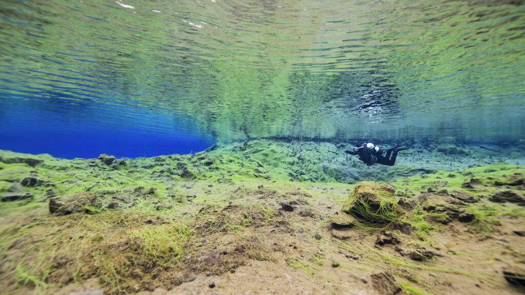 A diver floating effortlessly in the crystal-clear glacial waters of the Silfra fissure, Iceland. 