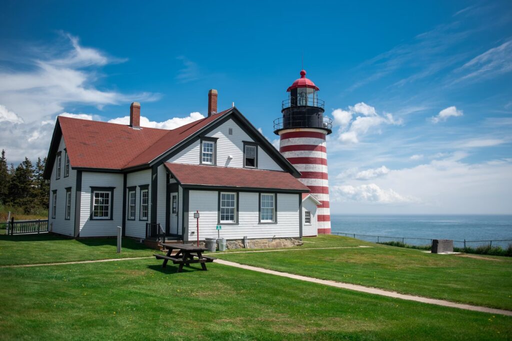 The distinctive red-and-white candy-striped tower of West Quoddy Head Light in Lubec. 
