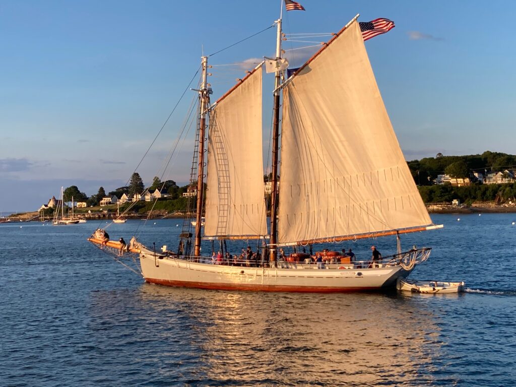 A large, classic two-masted wooden schooner sailing gracefully near the coastal shoreline.