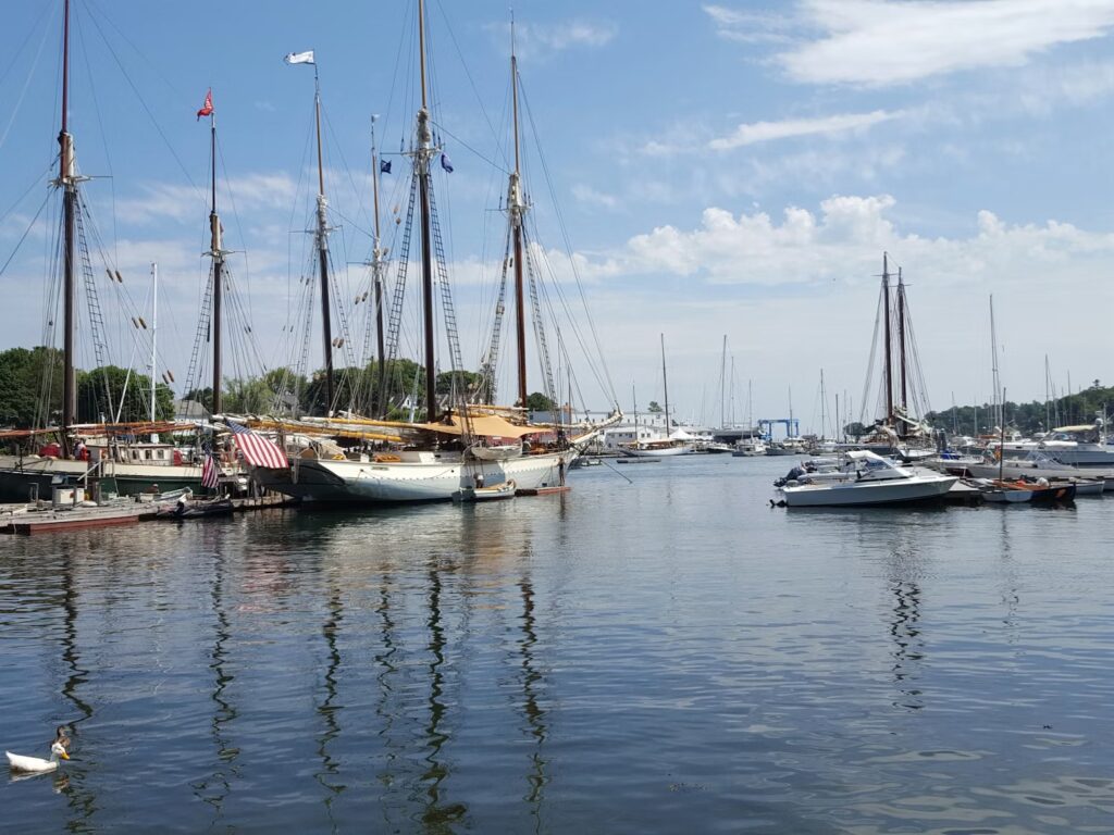 Traditional wooden windjammer sailing schooners moored peacefully in a calm Maine harbor.