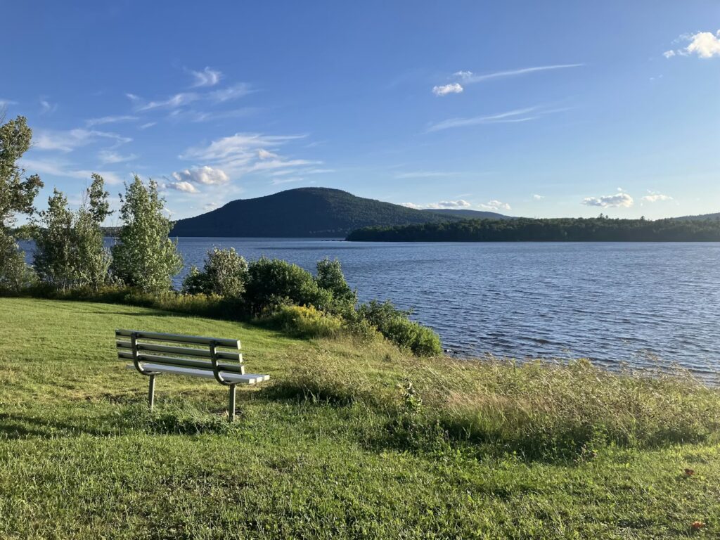 A wooden bench on a grassy shoreline overlooking a calm lake and distant mountain.