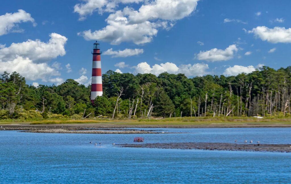 A red and white striped lighthouse stands tall above a line of trees next to a calm blue body of water.
