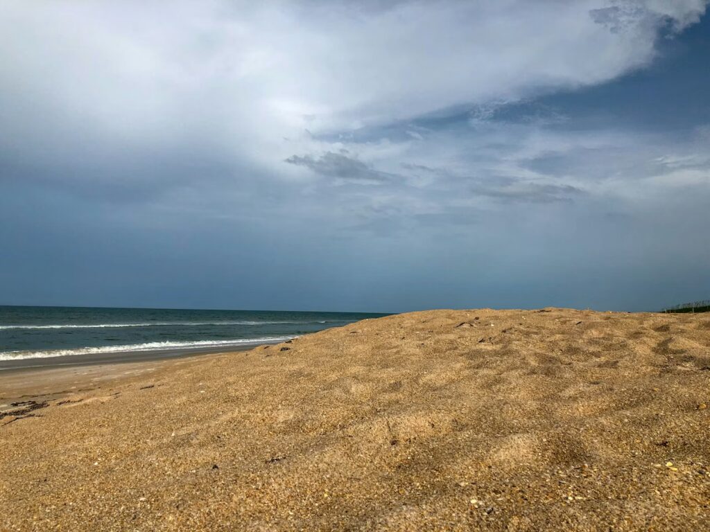 Golden sand dunes leading toward the calm ocean waves at Canaveral National Seashore.