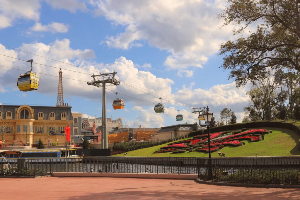 The colorful aerial cable cars at a popular Orlando theme park.