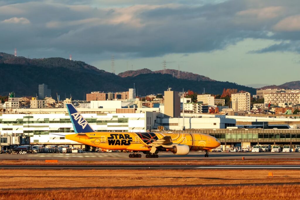ANA Star Wars plane at an airport.