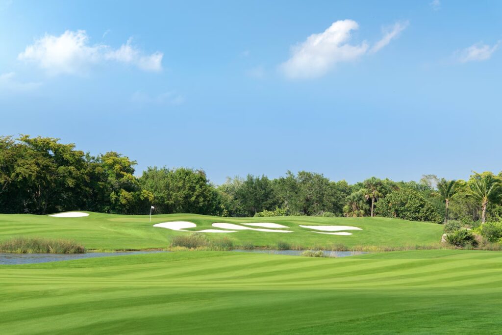 A beautiful golf course fairway with manicured green grass, white sand traps, and surrounding trees.