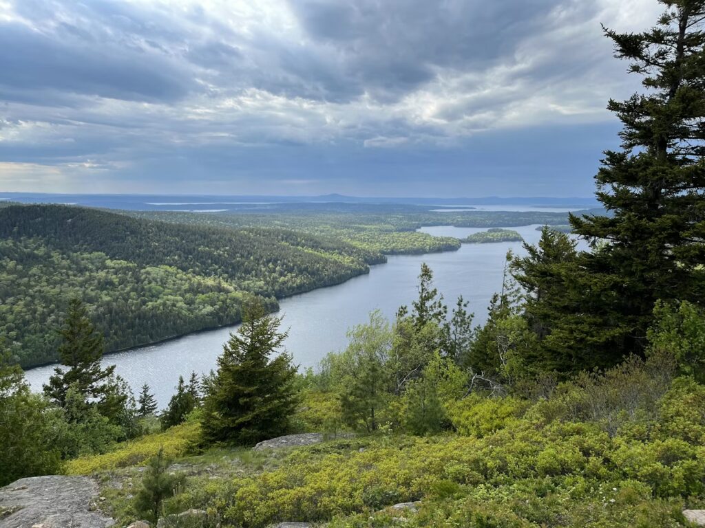 A panoramic view from a rocky hilltop looking out over lush green forests, lakes, and distant mountains.