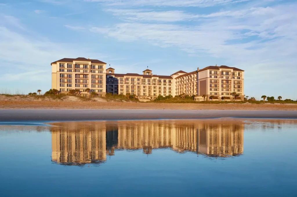 Aerial resort grounds and golf course for florida barrier island packages.
