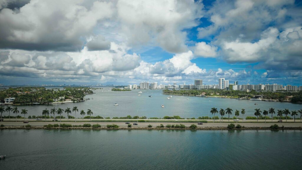 An aerial view of the Miami coastline, helping travelers determine the best time to visit Florida.